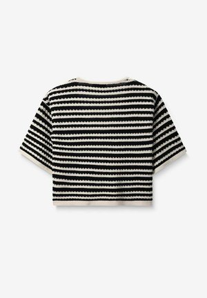 Schwarz-weiß gestreifter, kurzer Pullover mit strukturiertem Strickmuster, kurzen Ärmeln und rundem Ausschnitt.
