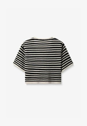 Schwarz-weiß gestreifter, kurzer Pullover mit strukturiertem Strickmuster, kurzen Ärmeln und rundem Ausschnitt.