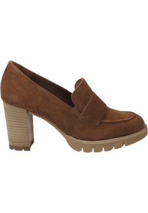 Brown suede heeled loafers with a wide strap across the vamp, textured rubber sole, and a chunky, ridged heel.