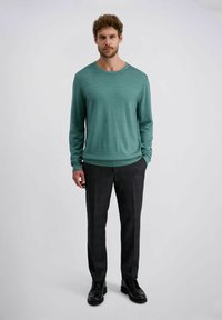 Mann steht, trägt einen grünen Pullover, dunkelgraue karierte Hose und schwarze Schnürschuhe vor einem schlichten hellen Hintergrund.