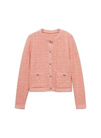 Roza teksturirana jopica z dolgimi rokavi, okroglo ovratnico, petimi srebrnimi gumbi spredaj in dvema sprednjima žepekoma.