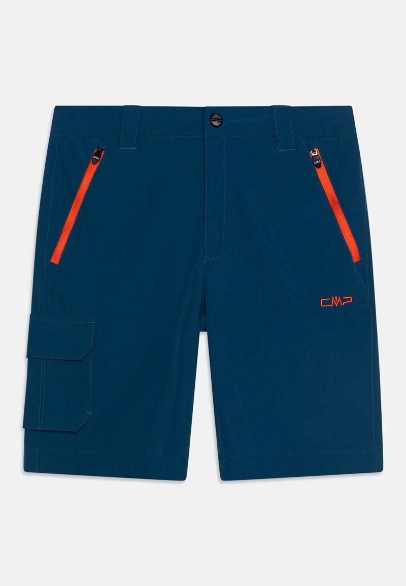 Navyblå shorts laget av lett stoff, med to sidelommer med oransje glidelåser og en cargo-lomme på venstre ben.