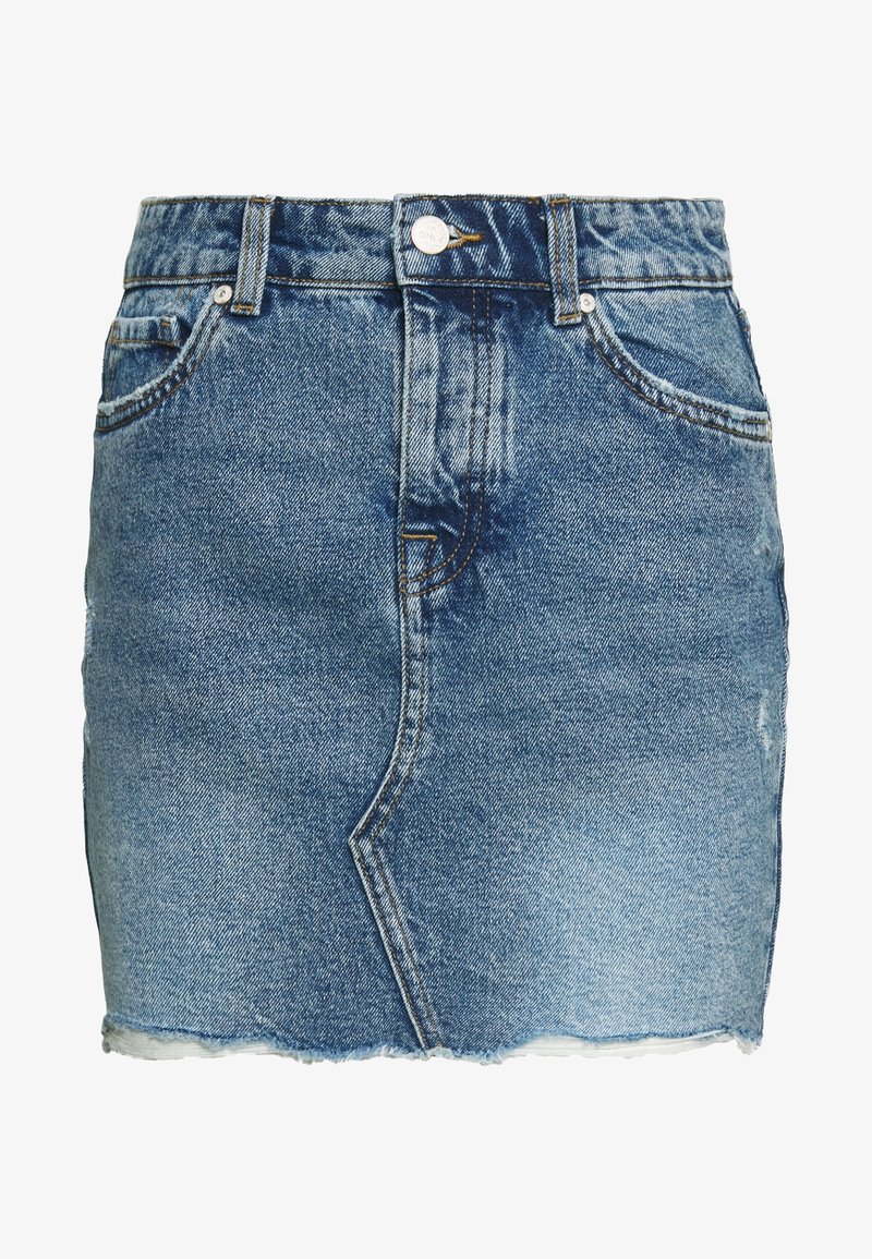 Spódnica dżinsowa w jasnoniebieskim kolorze z postrzępionym dołem, tradycyjnym pięciokieszeniowym krojem oraz zapięciem na guzik w pasie. Delikatne przetarcia na całej powierzchni.