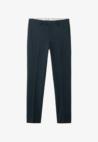 Pantalones de vestir negros hechos a medida con trabillas para cinturón y bolsillos laterales, mostrados extendidos sobre un fondo blanco.