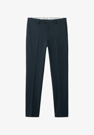 Black tailored dress pants with belt loops and side pockets, displayed flat on a white background.