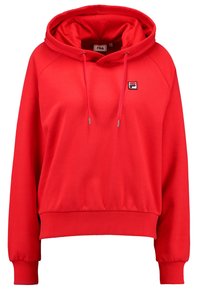 Sudadera roja de FILA con capucha ajustable, puños y dobladillo acanalados, y pequeño logotipo de la marca en el lado izquierdo del pecho.
