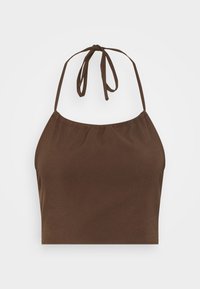 Top cropped castanho com alças ajustáveis ao pescoço, textura suave e design ajustado, adequado para uso casual.