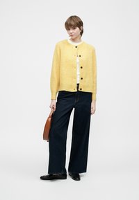 Žuta pletena kardigan sa prednjim gumbima, nosi se preko bijele majice i uparen je s širokim tamnim trapericama. Crne cipele i smeđa torba.