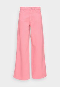 Pink wide-leg jeans made from denim, featuring a button and zipper closure, five pockets, and belt loops. Smooth texture and clean edges.