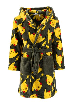 Dunkelgrauer Kapuzen-Fleece-Roben mit gelben Pikachu-Gesichtern, roten Wangen, schwarz gespitzten Ohren, Blitzsymbolen, Fronttaschen und einem Gürteldesign.