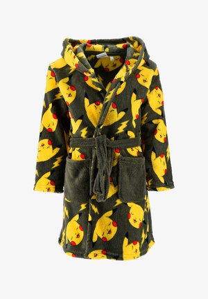 Dunkelgrauer Kapuzen-Fleece-Roben mit gelben Pikachu-Gesichtern, roten Wangen, schwarz gespitzten Ohren, Blitzsymbolen, Fronttaschen und einem Gürteldesign.