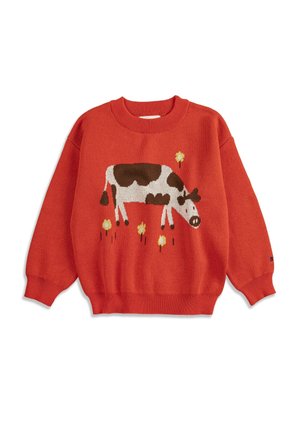 Red knitted sweater with a brown and white cow and yellow flowers pattern on the front, featuring ribbed cuffs and hem.