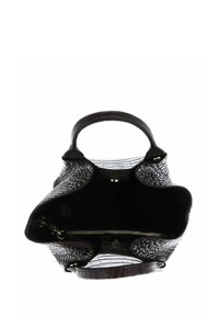 Sac à main en cuir noir avec un motif crocodile texturé, poignées supérieures doubles et une doublure de compartiment zippé. L'intérieur présente une finition en tissu lisse.