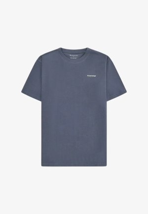 Donkergrijs katoenen T-shirt met korte mouwen, ronde hals en kleine witte tekst "Knowledge" op de linkerborst.