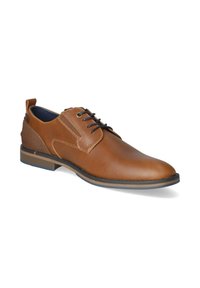 Chaussure habillée en cuir marron à lacets, intérieur bleu foncé et talon arrière texturé, avec un petit talon et une semelle contrastante.