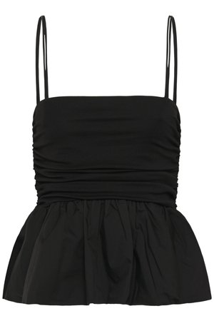 Haut noir sans manches avec fronces à la taille et ourlet évasé, avec fines bretelles doubles spaghetti.