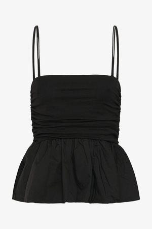 Top negro sin mangas con fruncido en la cintura y dobladillo acampanado, con finas tiras dobles de espagueti.