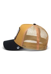 Cappellino da baseball arancione-marrone con visiera nera e retro in rete. Presenta una toppa con logo nella parte anteriore e una chiusura a scatto in plastica per la regolazione della taglia.