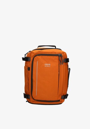 Zaino rettangolare arancione brillante con tasca frontale con cerniera, spallacci e manico neri e logo "Coveri active" sulla pannello frontale.