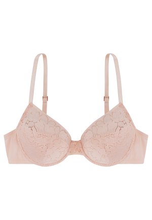 Lace-trimmed blush pink bra with padded cups, adjustable straps, and a smooth fabric band. Features a central bow detail.