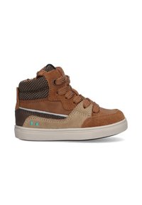 Bruine hoge sneakers van suede en textiel. Voorzien van een gestructureerd ontwerp, vetersluiting aan de voorkant en contrasterende accenten in beige en teal.