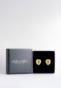 Guldblad-formade örhängen visade i en svart sammetsklädd låda, med en texturerad svart utsida och vit märkeslogotyp på locket.