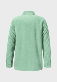 Green corduroy shirt with a collar, long sleeves, and buttoned cuffs. Features vertical ribbed texture and a straight hem.