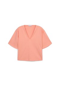 Maglietta a maniche corte con scollatura a V in morbido cotone corallo. Presenta una vestibilità ampia e cuciture minime, creando un design semplice e informale.