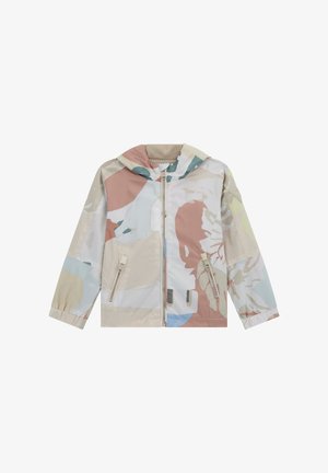 Chaqueta ligera y colorida con capucha, cremallera completa y dos bolsillos frontales, hecha de una tela suave con patrones abstractos en tonos pastel.