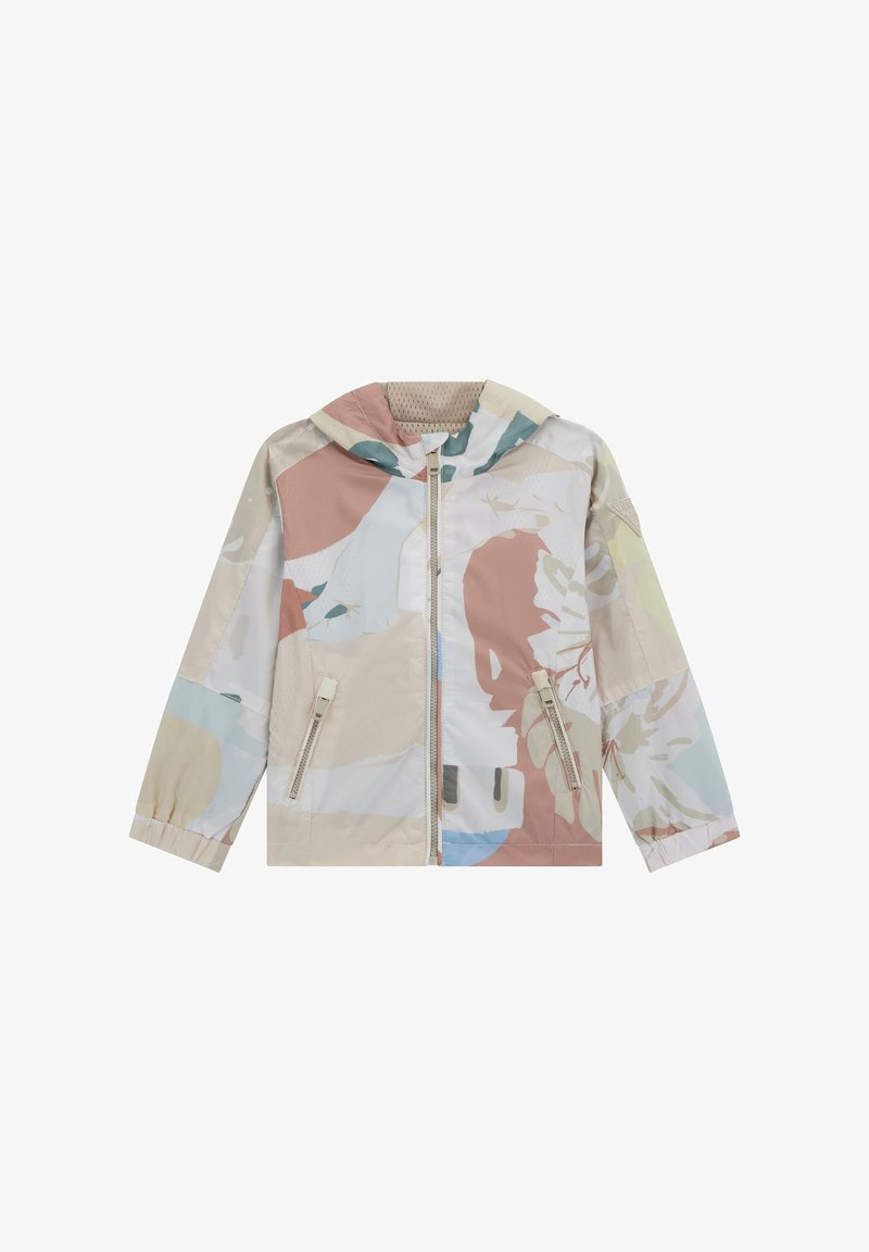 Veste légère colorée avec capuche, fermeture éclair intégrale et deux poches avant, fabriquée en tissu lisse avec des motifs abstraits pastel.