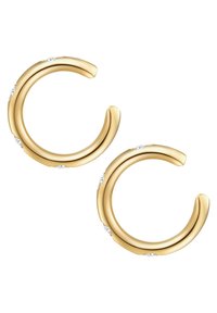 Guldiga hoopsörhängen med en mjuk, rundad design. Har små, klara detaljer längs ytan för extra finess.