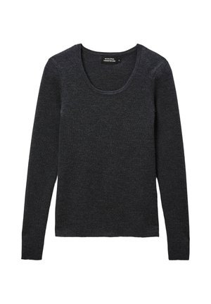 Pull gris foncé à manches longues avec un col rond. Fabriqué dans un tissu doux et texturé, présentant un design ajusté et sans embellissements visibles.