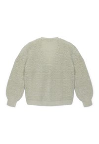 Maglione lavorato a maglia verde chiaro con un motivo a diamante, maniche lunghe a palloncino e scollatura rotonda. Finitura texturizzata su tutto il tessuto.