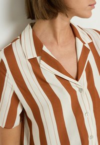 Camicia a righe marrone e crema, con colletto, maniche corte e bottoni lungo la parte anteriore. Tessuto liscio con una leggera lucentezza.