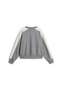Grey sweatshirt with contrasting cream panel accents, ribbed neckline, and cuffs. Features a relaxed fit and soft texture.