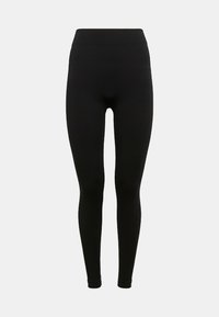 Zwarte leggings met een hoge taille, gemaakt van een rekbare stof. Heeft een soepele textuur en een figuuraccentuerend silhouet.