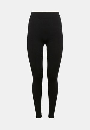 Zwarte leggings met een hoge taille, gemaakt van een rekbare stof. Heeft een soepele textuur en een figuuraccentuerend silhouet.