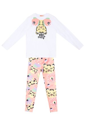 Biały top z długim rękawem z twarzą tygrysa i tekstem "Wild & Pretty", zestawiony z różowymi legginsami z uśmiechającymi się twarzami tygrysów i kwiatowymi wzorami.