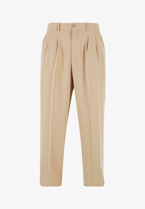Beige Faltenhose mit geradem Bein, aus glattem Stoff, mit einem Knopfverschluss und Gürtelschlaufen am Bund.