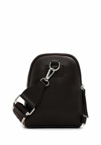 Borsa in pelle nera con chiusura a zip, superficie texturizzata, tracolla regolabile, hardware in argento e dettaglio del tirante della zip di piccole dimensioni.