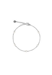 Hopeinen ketjuralleke, jossa on tasaisesti sijoitettuja valkoisia helmiä, minimalistinen muotoilu, piirakkalukolla ja säädettävällä pituudella.