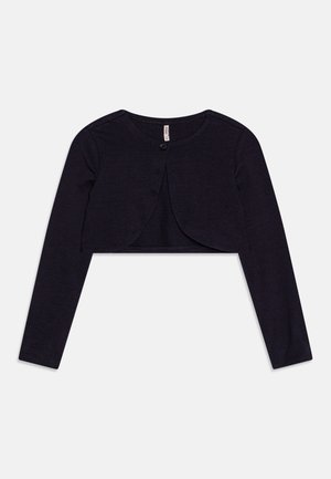 Sort kort cardigan med lange ærmer og enkelt knaplukning ved rund hals, lagt fladt på hvid baggrund.