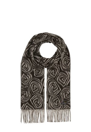 Sciarpa marrone e grigia con motivo a spirale e disegni di rose, morbida al tatto e con frange agli estremi. Etichetta del marchio visibile.