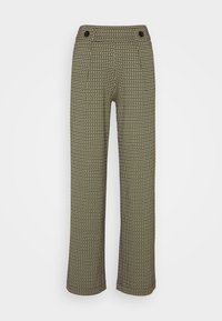 Pantalon taille haute à carreaux verts avec une coupe droite, doté de deux poches avant et de boutons décoratifs à la taille.