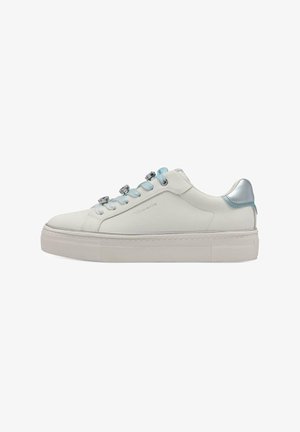 White sneaker with a smooth leather upper, blue accents, metallic eyelets, and a textured rubber sole with a zigzag pattern.