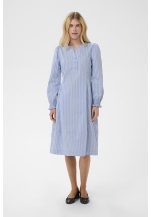 Woman wearing a light blue, long-sleeve, striped midi dress with buttoned neckline and black low-heeled shoes, standing against a white background.