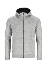 Vaaleanharmaa vetoketjullinen huppari säädettävällä hupulla, ribbineuloksella varustetut hihansuut ja helma sekä Swedemountin logo rinnassa.