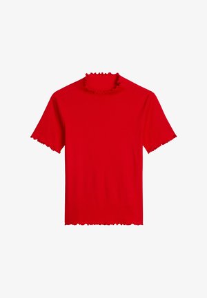 Red short-sleeve ribbed shirt with ruffled edges on collar, sleeves, and hem, displayed on a white background.
