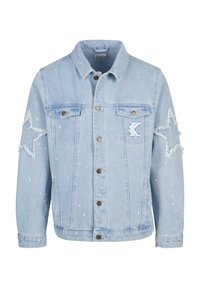 Light blue denim jacket with star-shaped distressing, metal buttons, two chest pockets, and subtle white paint splatter detailing.