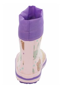 Lichtroze rubberlaars met een paarse boord, versierd met dierenpatronen en stippen. De zool heeft een structuur voor extra grip.
